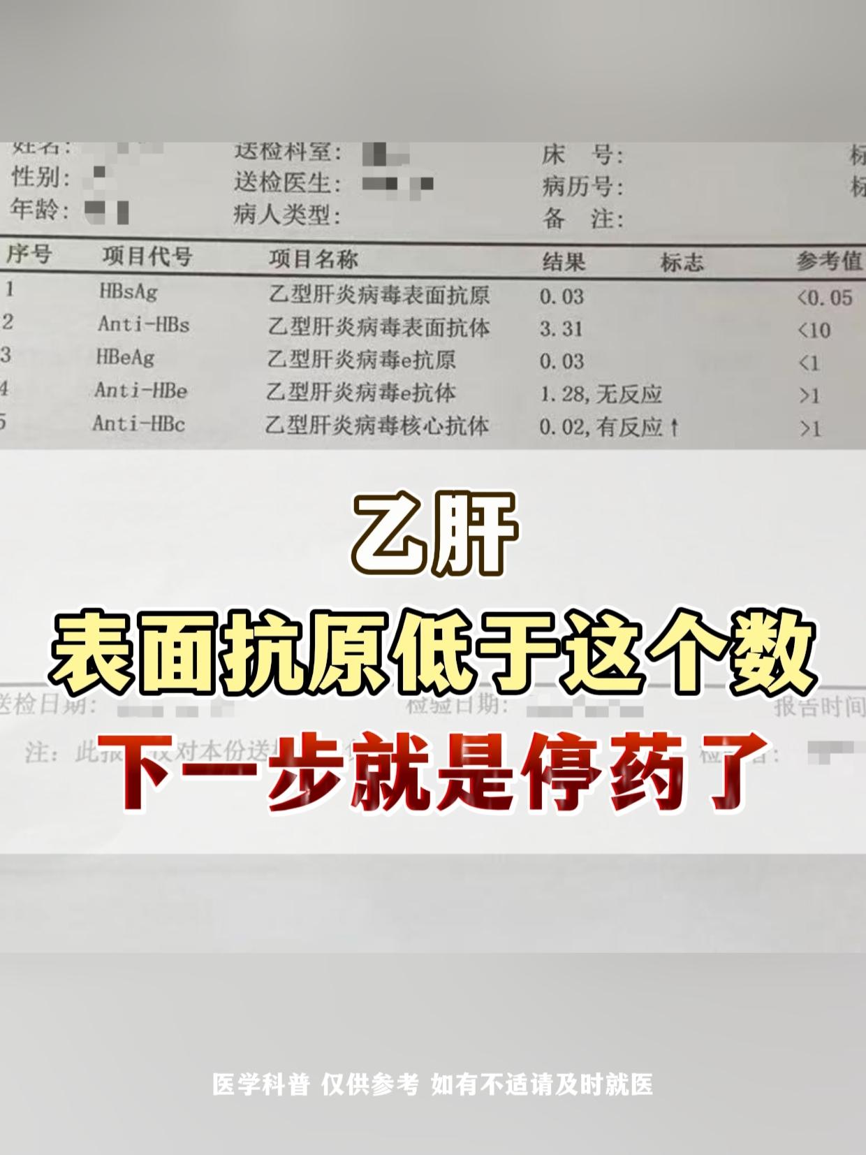 乙肝表面抗原低于这个数，下一步就是停药了。今天一个老患者过来复查，化验...