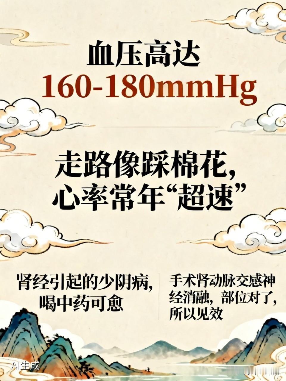 “血压高达160-180mmHg，走路像踩棉花，心率常年“超速”。”，根据描述这