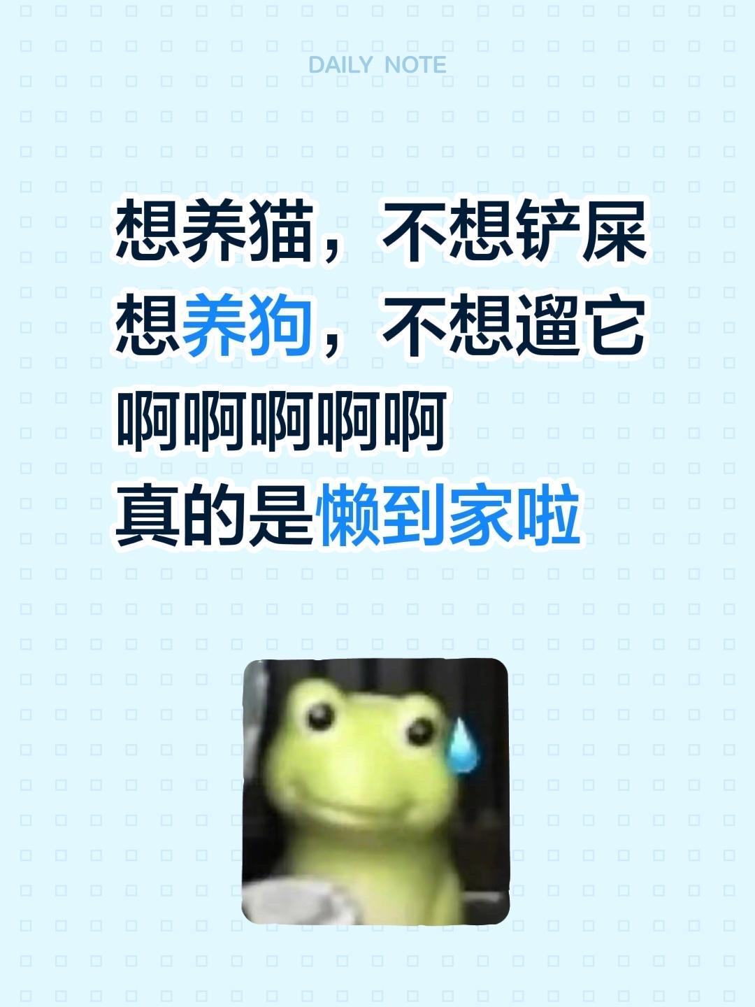 想养猫，不想铲屎
想养狗，不想遛它
啊啊啊啊啊
真的是懒到家啦