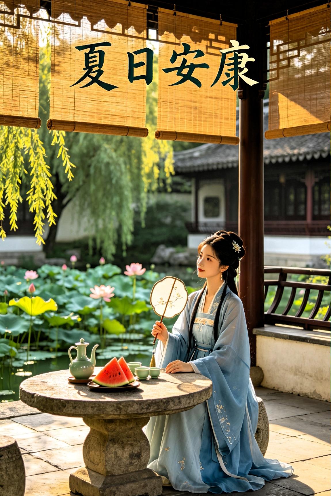 七律·夏日安康

 
荷风十里送清凉，翠盖摇波映晓光。
 
涧底流泉消暑气，窗前
