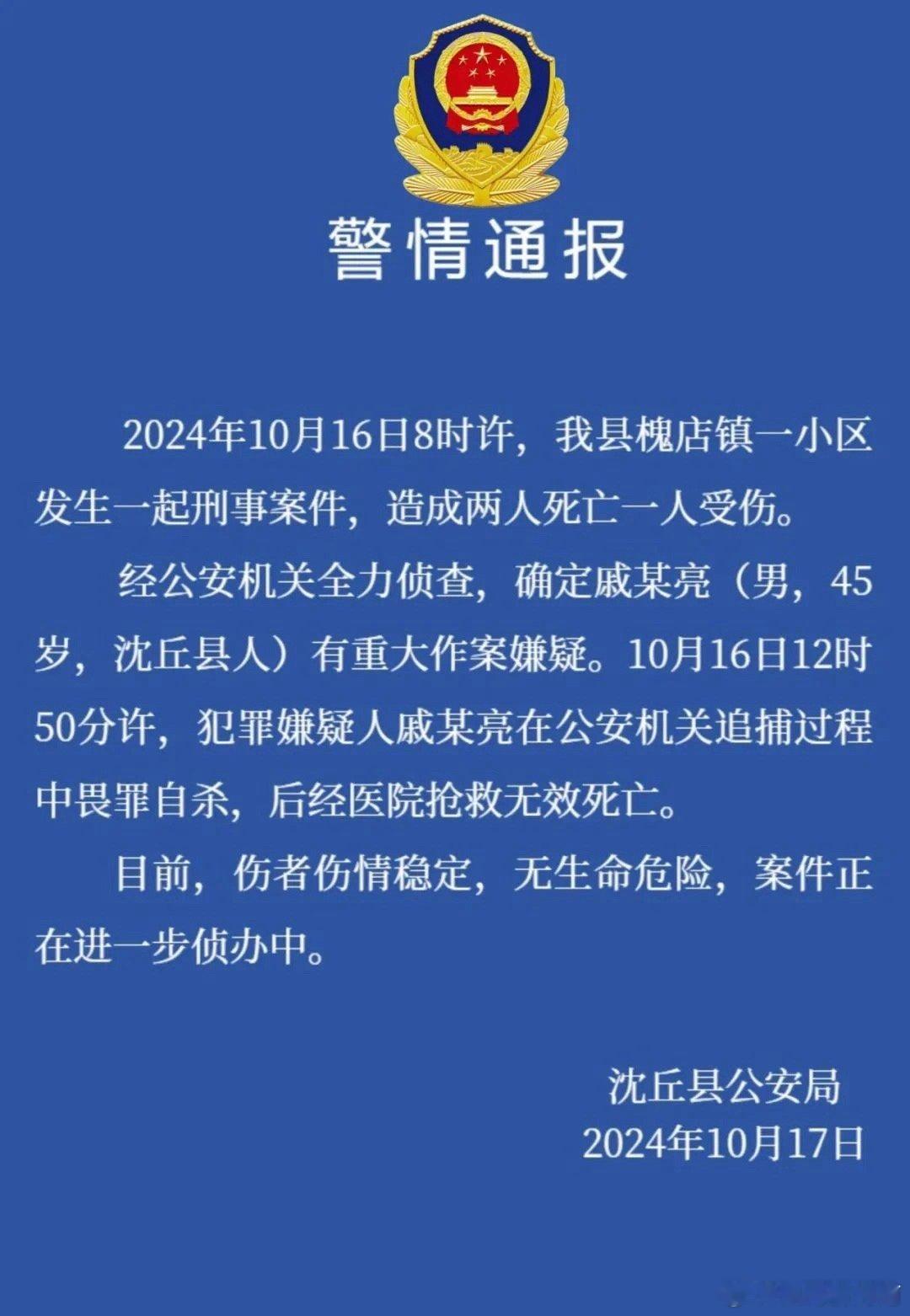 #河南一地发生刑事案件#2024年10月16日上午8时许，河南省沈丘县槐店镇的一
