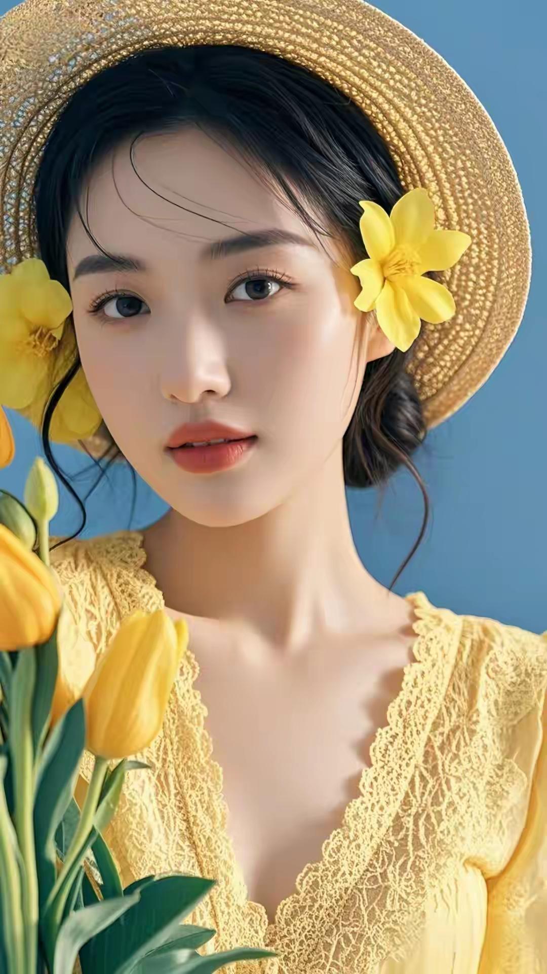 春日暖阳下，花海中的甜美少女🌸🌺🌱