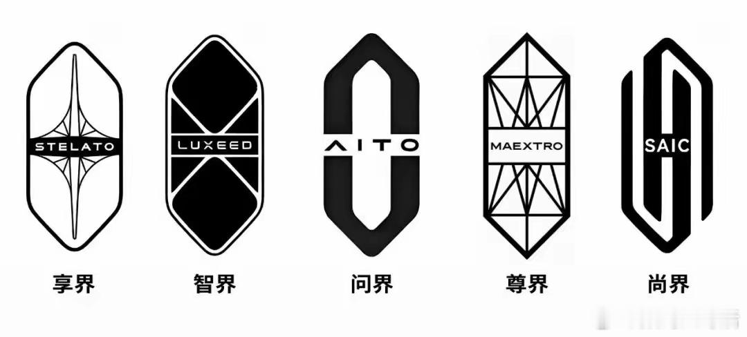 鸿蒙智行的五界全都有车标了，轮廓保持一致，但每个车标也都通过不同的图形元素和字体
