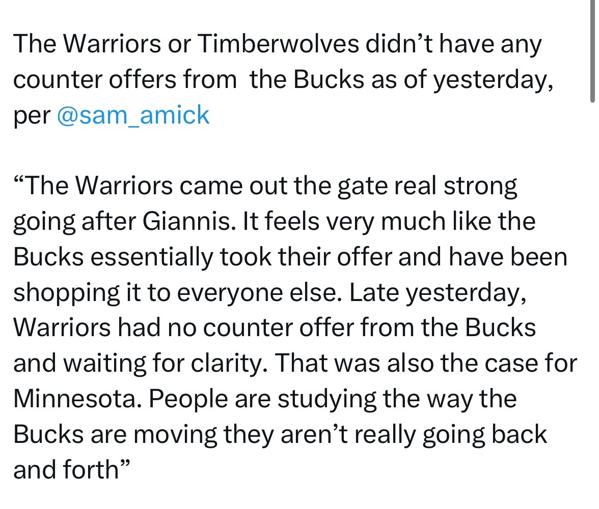 在追求字母哥的4支球队 目前勇士和森林狼还没有收到雄鹿的还价 