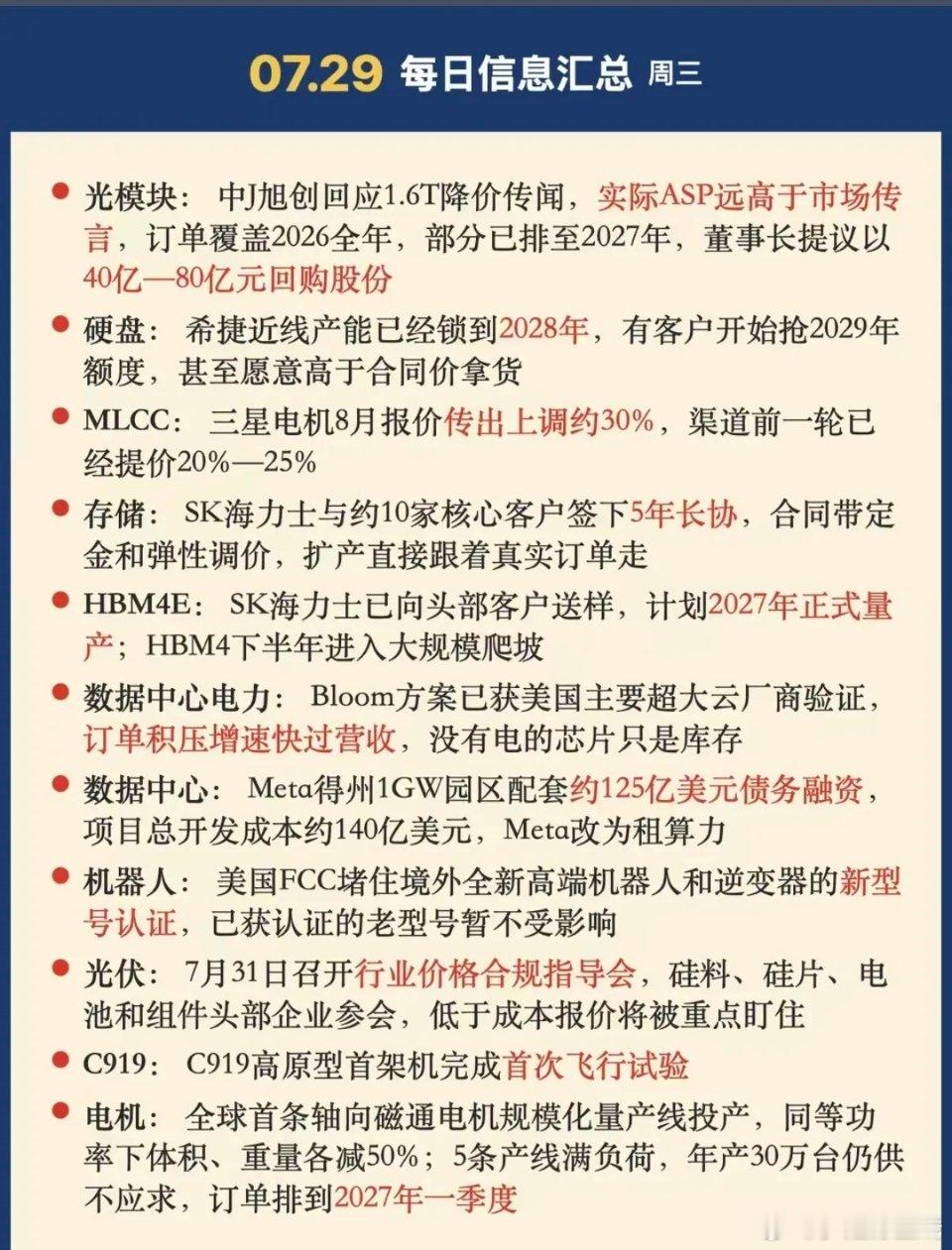 7.29周三  晚间财经信息汇总！1.光模块2.硬盘，存储3.MLCC涨价4.数