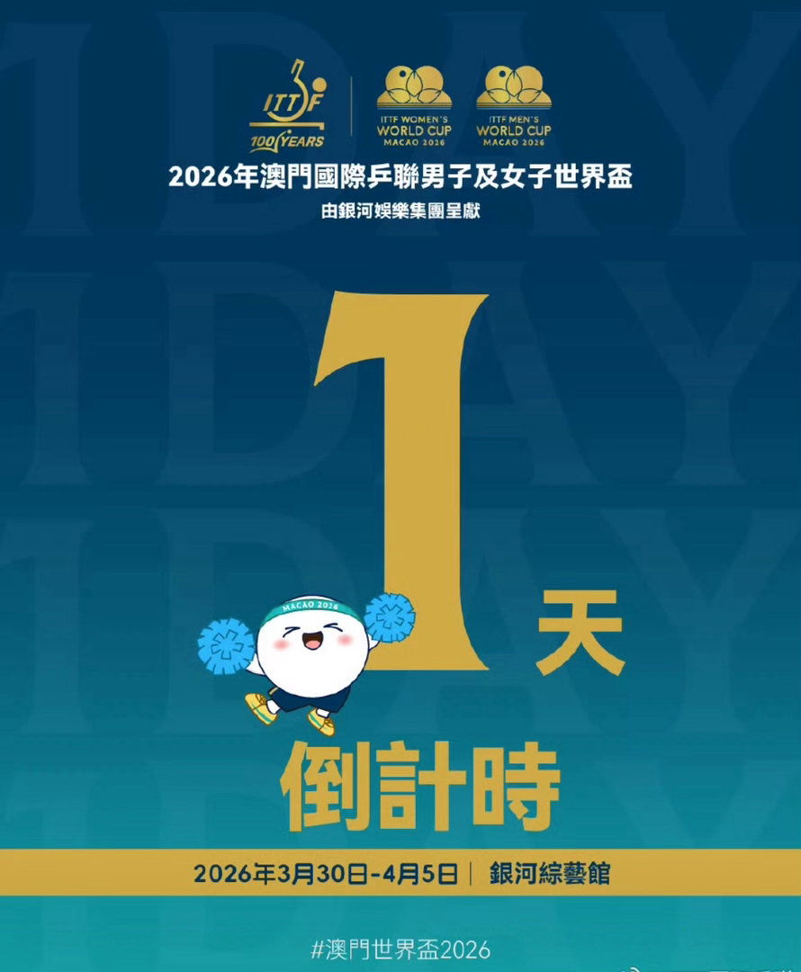 倒计时1天！2026澳门乒乓球世界杯明日开战，抽签仪式今日13:30正式开启🏓