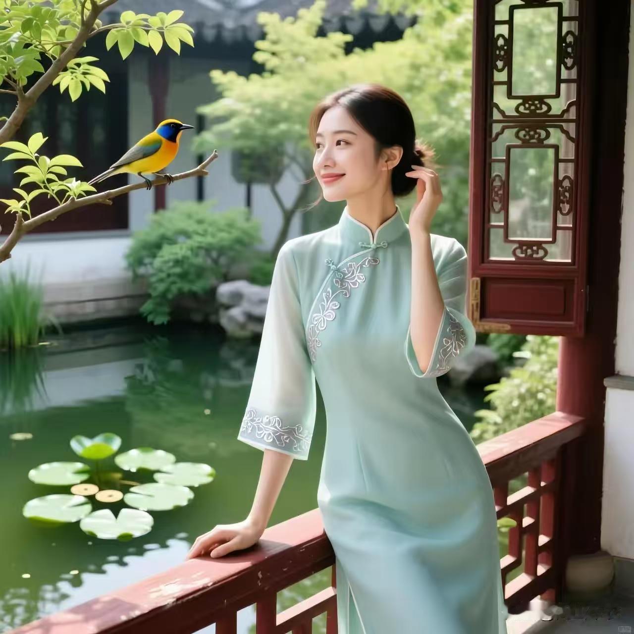 四块玉·晓惊春梦
鸟乱啼，惊清寐，
好梦初残意微微。
披衣倚牖凝眸睇，
晓日升，