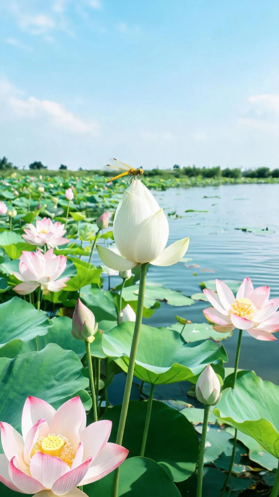 夏日生活打卡季夏日湖面荷花盛开，粉白相间，蜻蜓点水尽显迷人魅力。