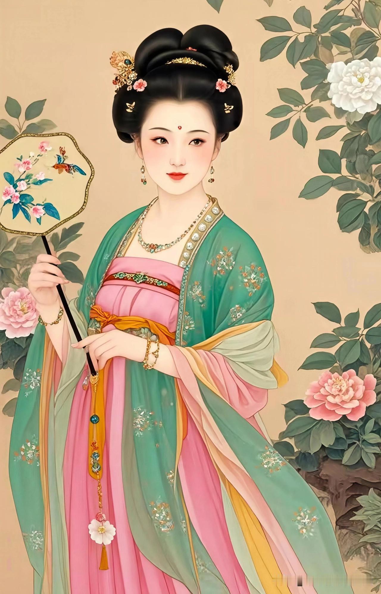 玉人持扇立，花影映春光。
