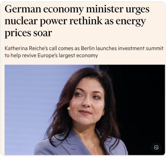 【德国承认逐步淘汰核电是一场灾难。】德国经济部长卡特琳·赖希呼吁重新评估关闭核电