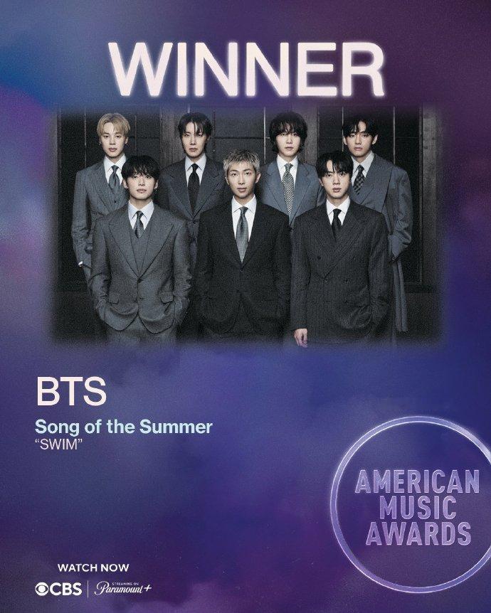 BTS获全美音乐奖BTS获AMAs年度夏日歌曲奖  防弹少年团《SWIM》获20