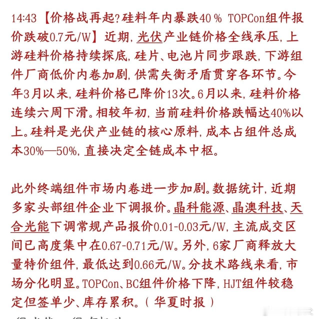 光伏板块真的是雪上加霜，硅片又降价了，今年都快降一半了光伏上游原材料硅料今年价格