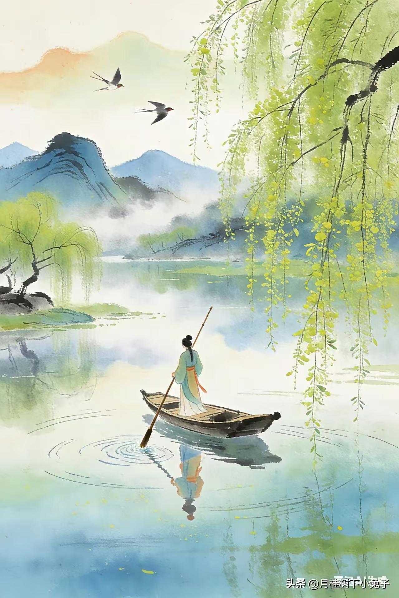 天净沙·江南春
春风绿透江南，
旧燕双衔泥衔。
柳眼初开水澹。
一篙轻点，
破开