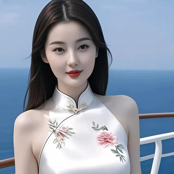 海边少女 粉色花旗袍 夏日风情玫瑰花旗袍写真 旗袍溪畔写真 粉红旗袍写真 绿花旗