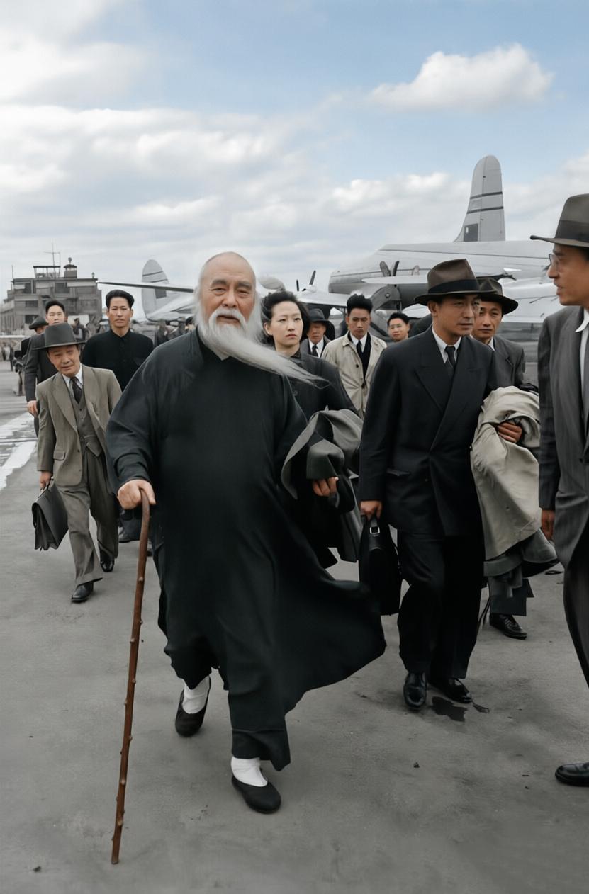 白须长袍，拄杖凝望。1949年，这位70岁的民国元老于右任，在两岸风云突变的关口