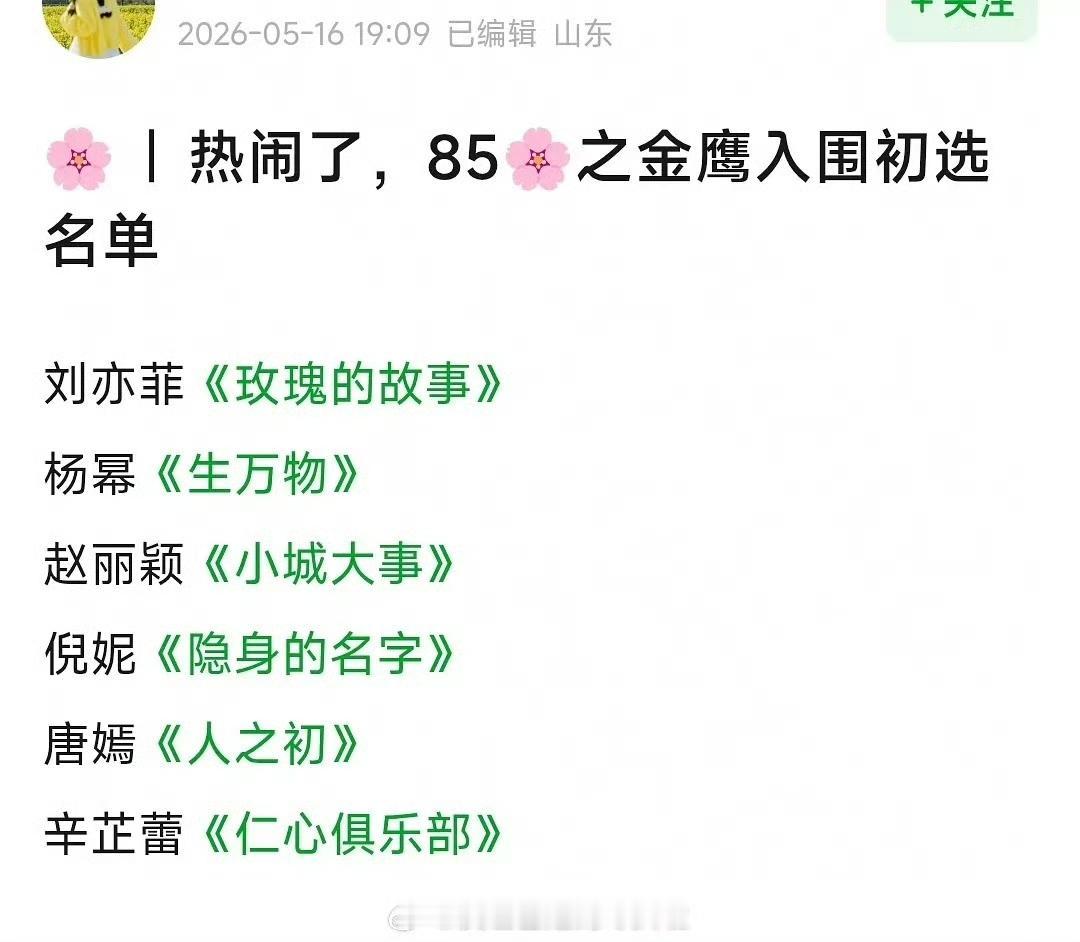 发现没？最近很多人还拿着白玉兰那套标准来预测金鹰奖，结果完全行不通了。
 
之前