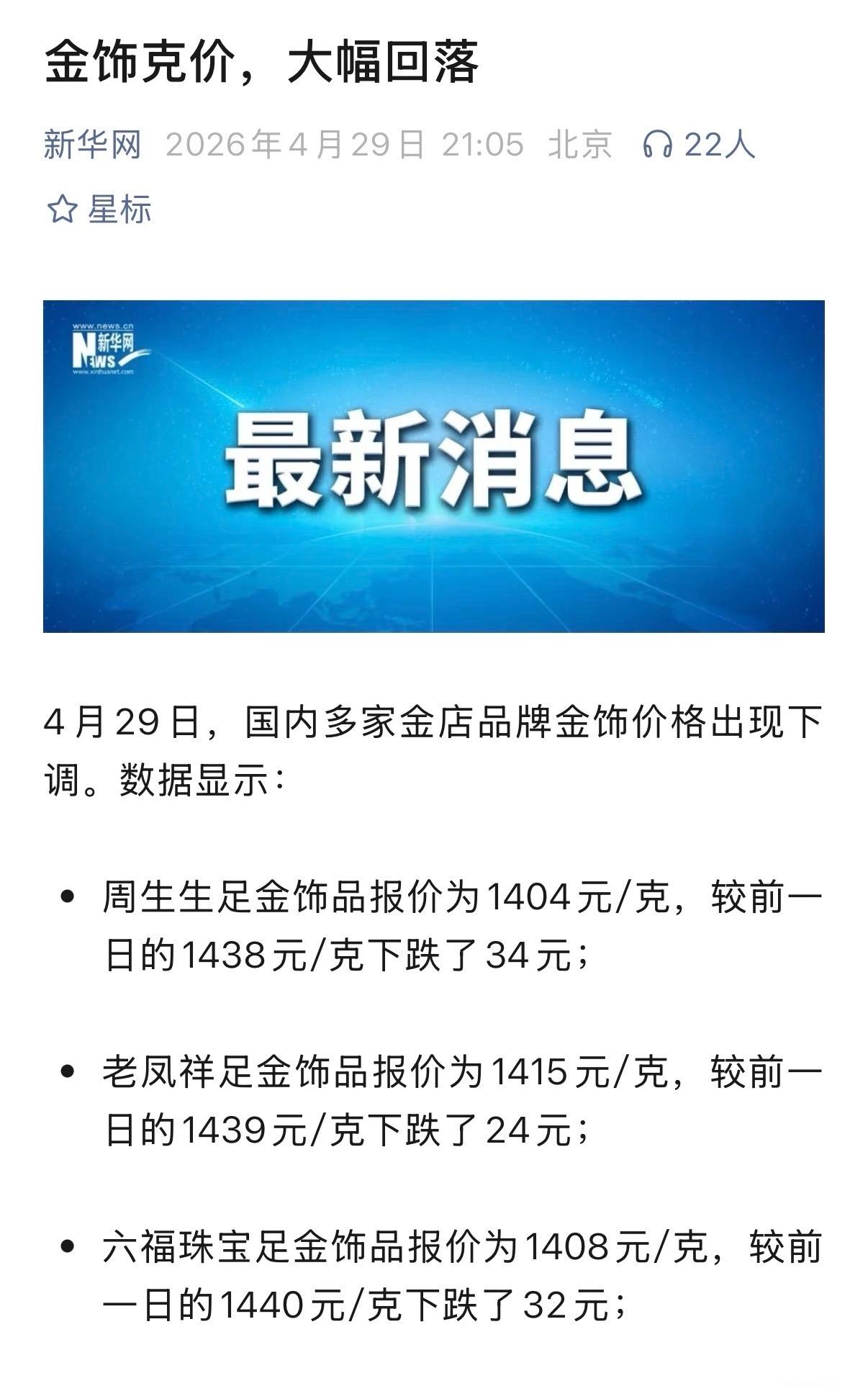 全国：金饰克价，大幅回落！
标题党吧！跌了二三十块叫大幅回落！