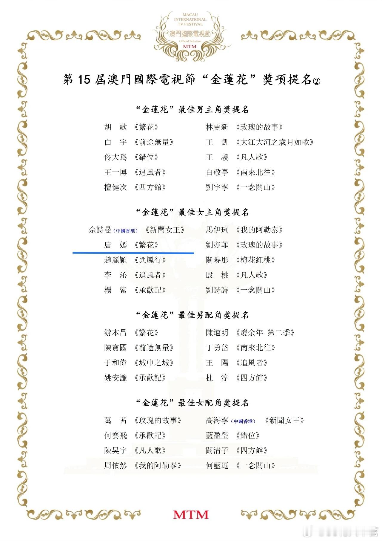 第15届澳门国际电视节“金莲花”奖正式提名公布——唐嫣凭借《繁花》，提名金莲花奖