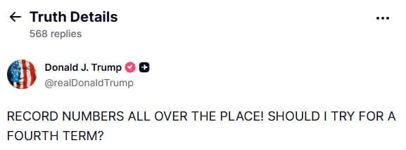 “我应该争取第四个任期吗？”——特朗普

“各地都创下新纪录！我应该争取第四个任