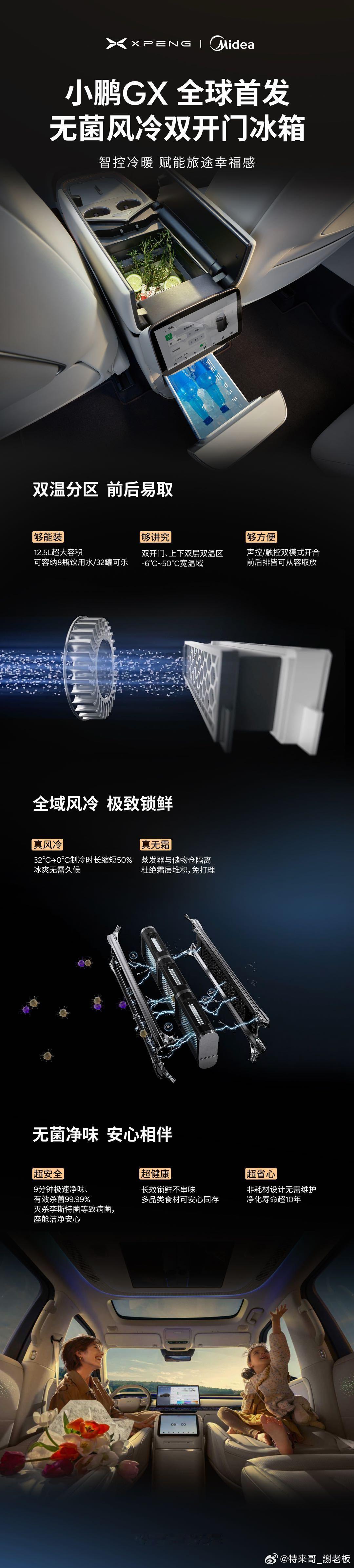 小鹏GX的冰箱确实不一样！小鹏GX与美的联合推出行业首款同时具备风冷无霜和除菌功