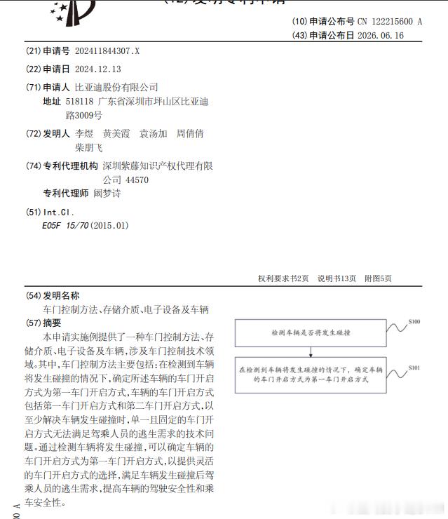技术巡猎 比亚迪 车门控制方法、存储介质、电子设备及车辆。异型门，一般我们的第一