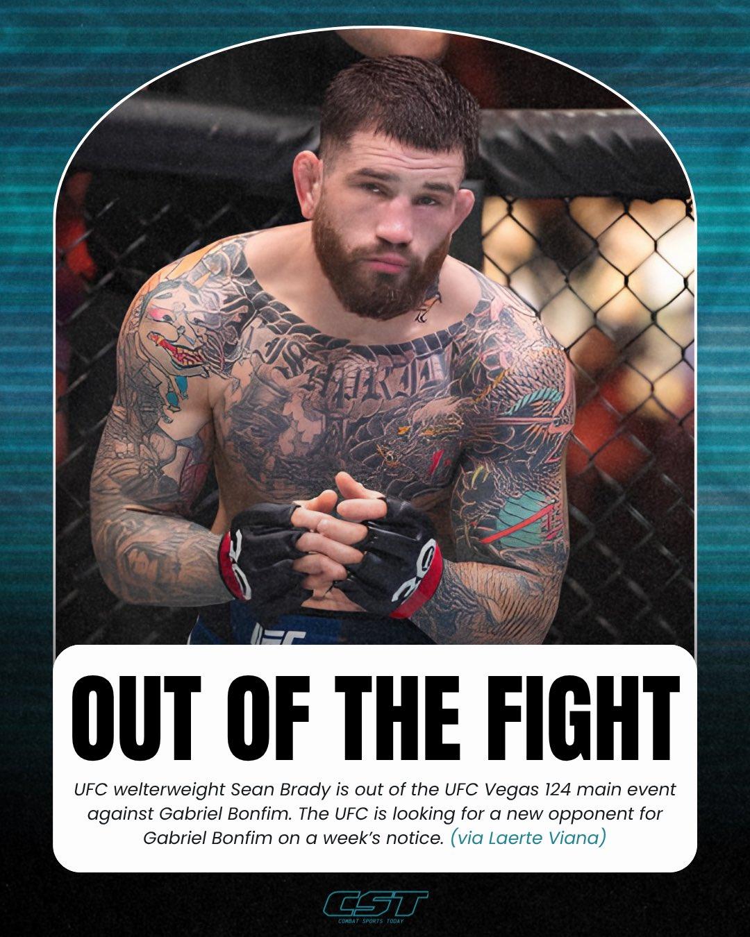 肖恩·布雷迪赛前一周多退出UFC维加斯124头条主赛
将在11月7日举行的UFC