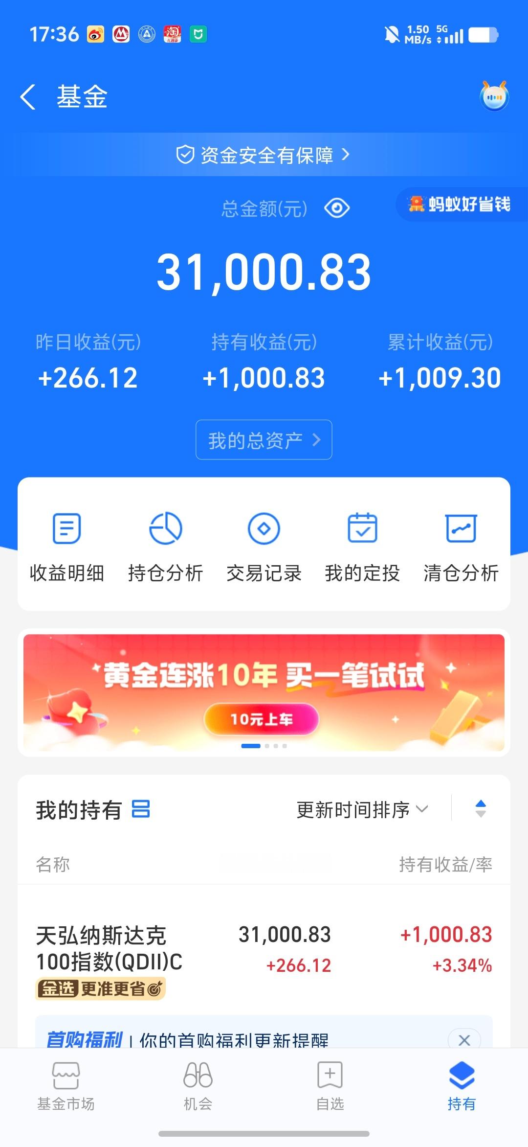 几天没看我的基金，没想到这么争气，就买了3W已经赚了小1K了[doge] 