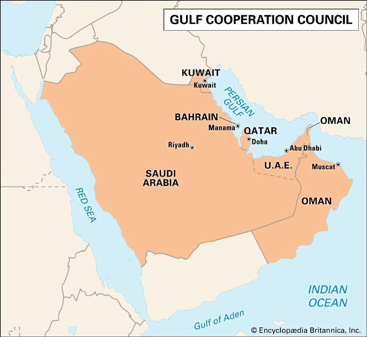 海湾合作委员会成员国巴林、科威特、阿曼、卡塔尔、沙特阿拉伯和阿拉伯联合酋长国的外