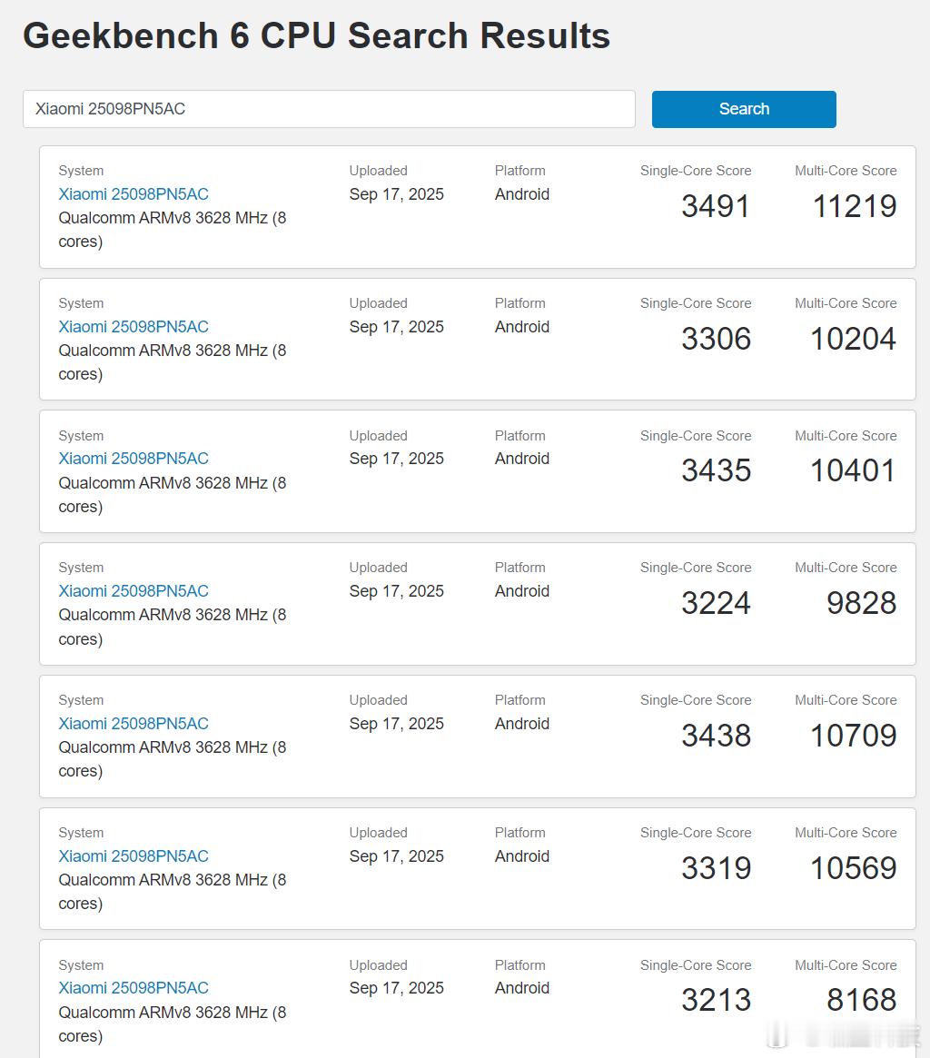 在Geekbench6官网上可以看到搭载新一代旗舰处理器骁龙8Elite5和天玑