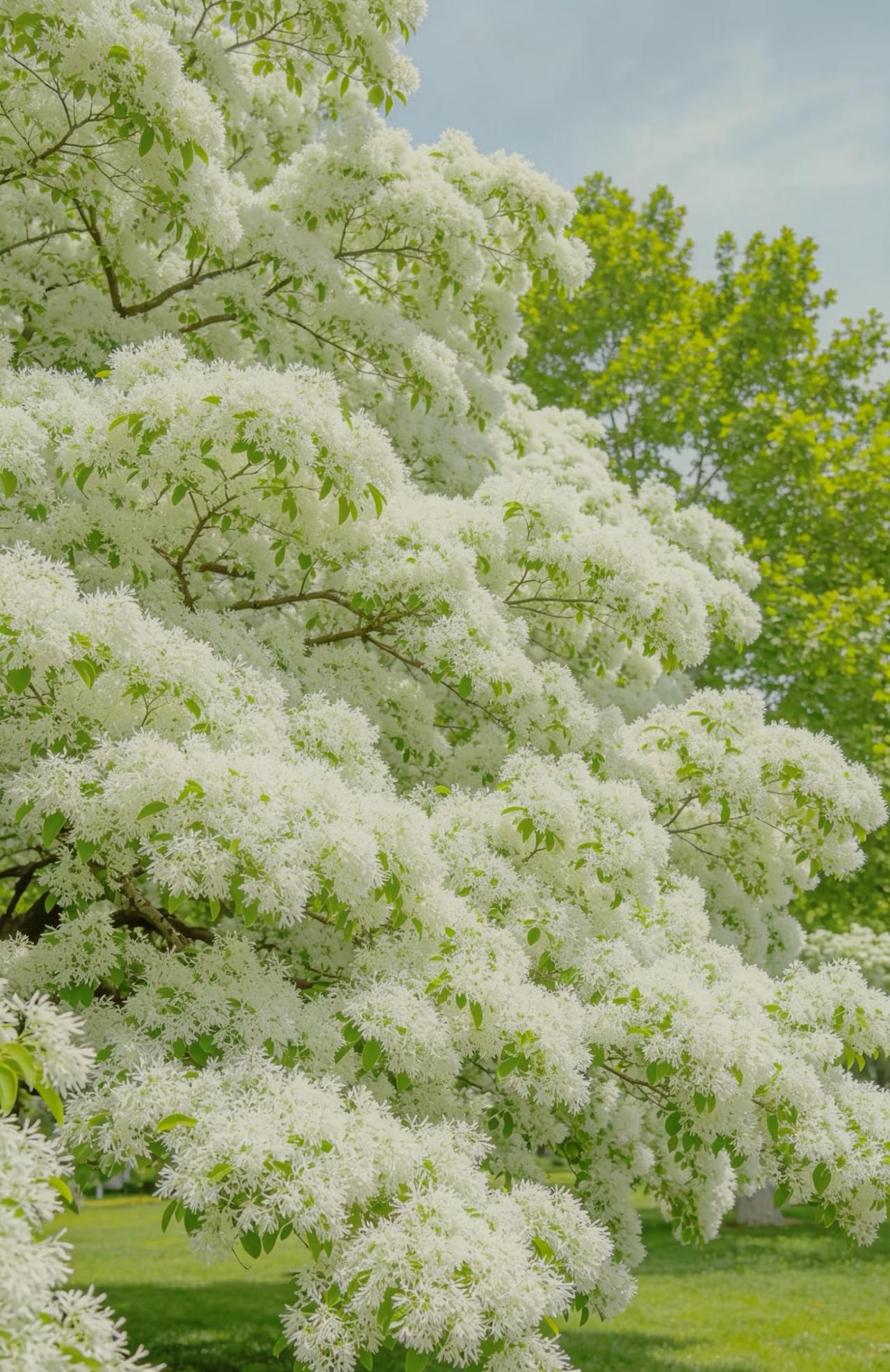 手机壁纸～春末的限定浪漫，是流苏树给的。满树白花如云似雪，细碎的花瓣缀满枝头，风