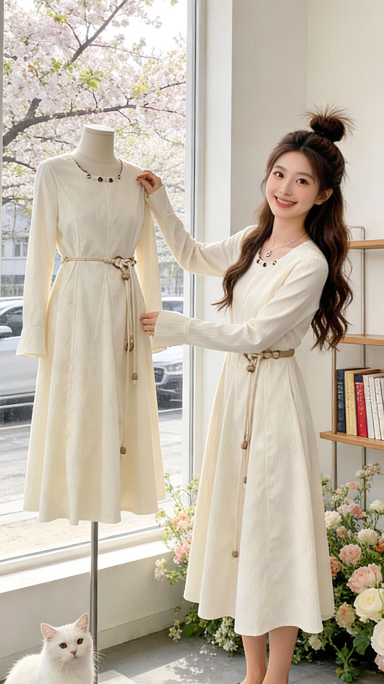 谁懂啊！这条奶白长袖连衣裙真的把温柔感拉满了！收腰设计藏肉又显比例，领口和腰带的