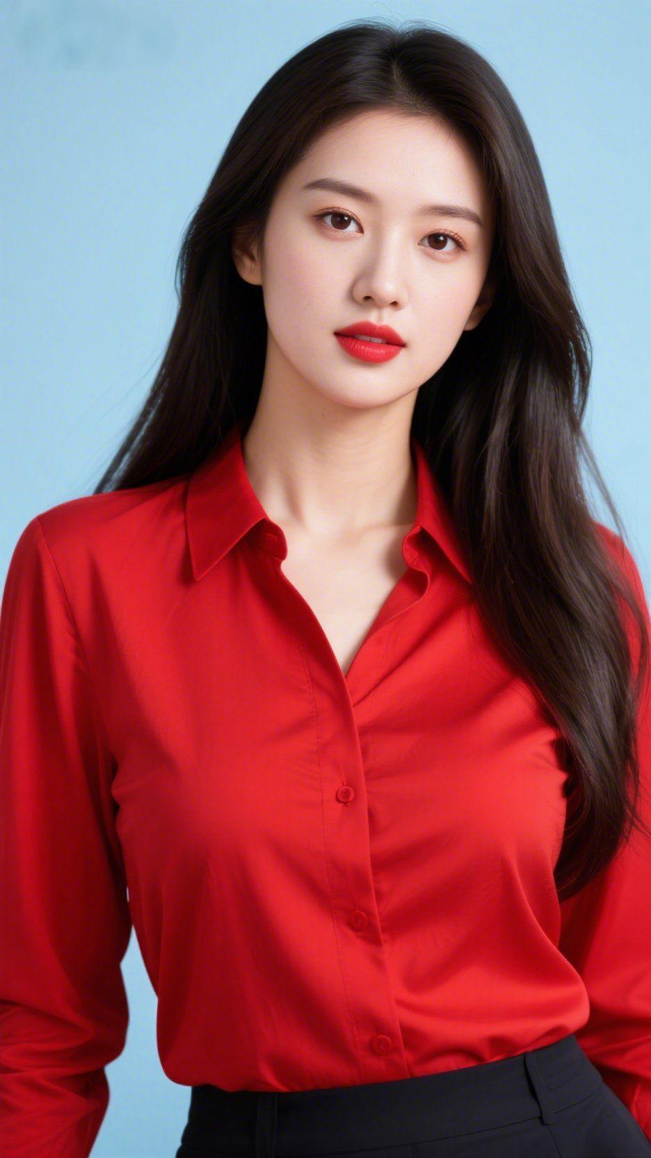 红衫伴浅光
 
淡蓝背景中，这抹正红舒展而立。
 
衬衫领角轻垂，布面裹着柔润暖