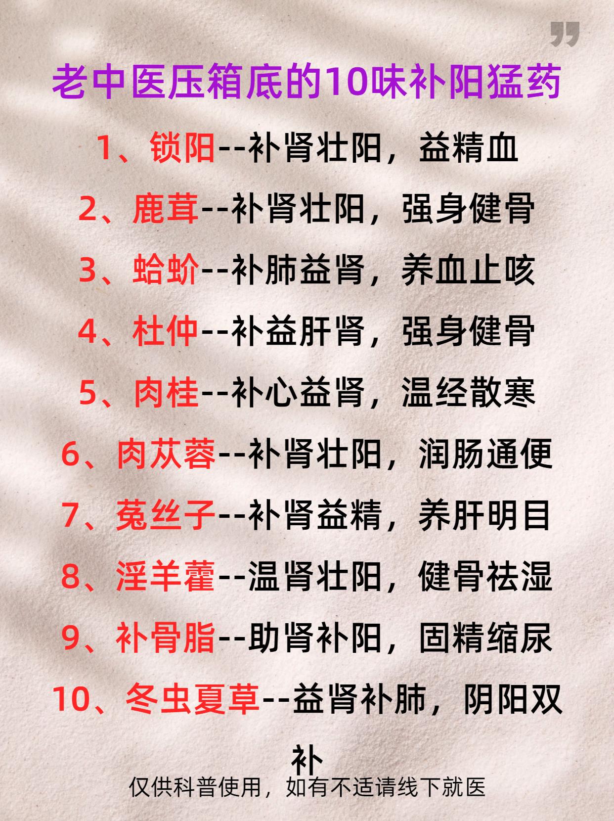 老中医常用的10味补阳猛药!   男人想要强，阳气必须足，阳气充足，宗筋才会硬如