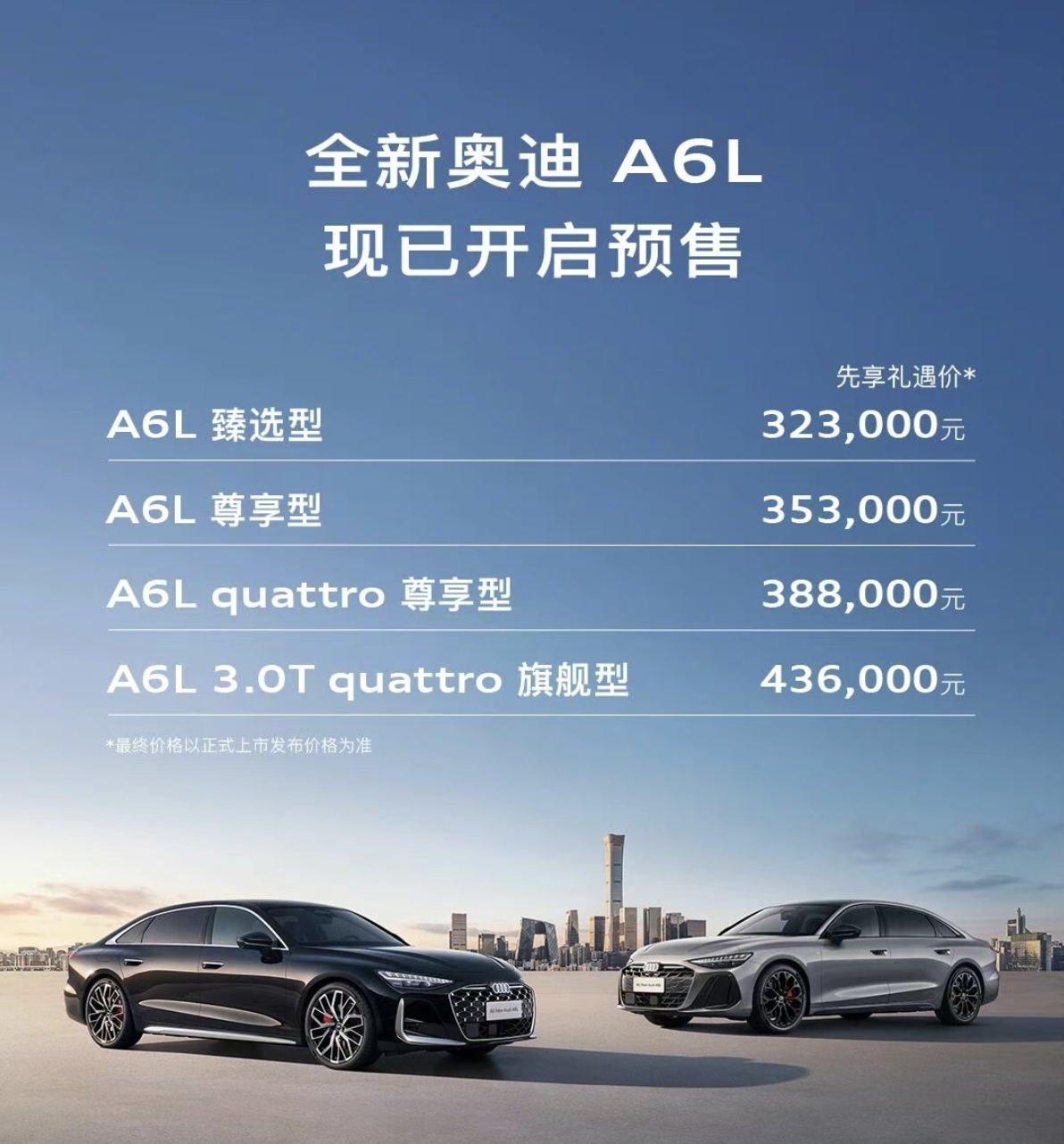 全新奥迪A6L开启预售...1：4个配置车型，预售价32.3万-43.6万元2：