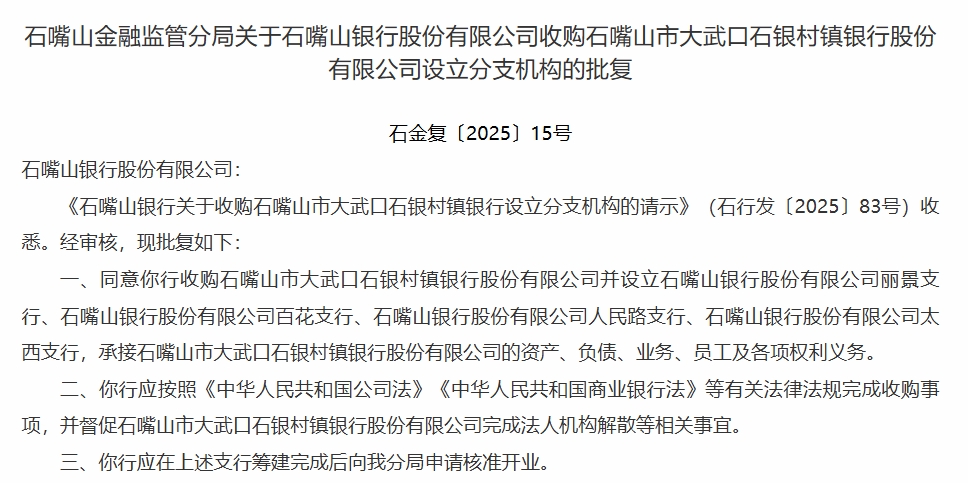 石嘴山银行获批收购旗下一村镇银行, 2024年罕见“缩表”业绩滑坡