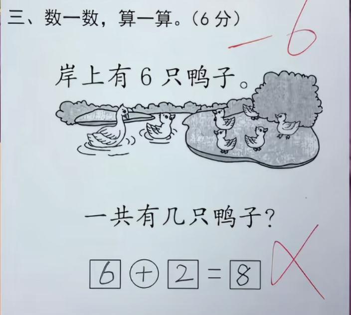 这道题的答案是哪个老东西出的？说岸上六只鸭子，从图中能看出水里有两只，加起不是八