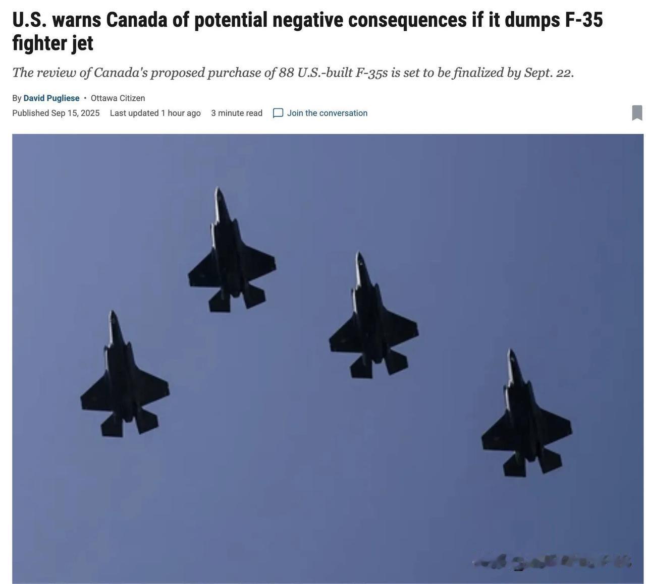 美国向加拿大发出警告。

加拿大正在审查之前购买 88 架 F-35 战斗机的计