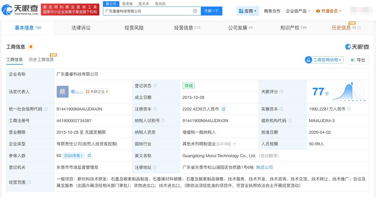 小米增持石墨烯材料研发商墨睿科技

天眼查App显示，近日，广东墨睿科技有限公司