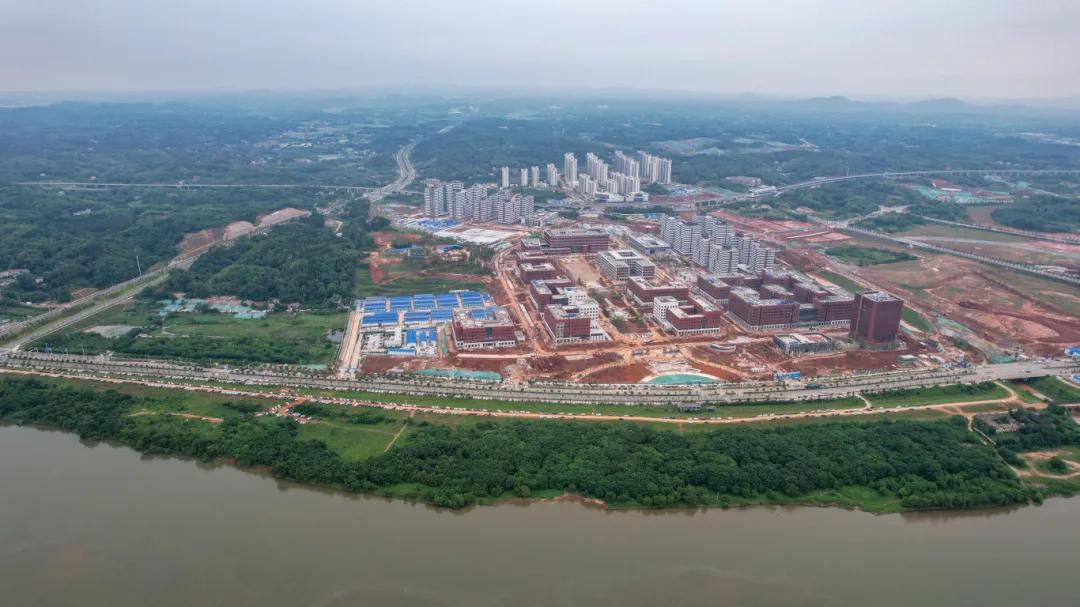 初夏湘江西岸，湘江科学城核心区建设热潮奔涌。近日，湖南大学科创港校区一期工程现场