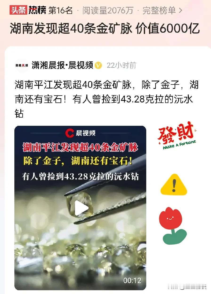 黄金是不是要迎来下调了呀？听说湖南平江那边竟然发现了40多条金矿脉，还有珍贵的沅