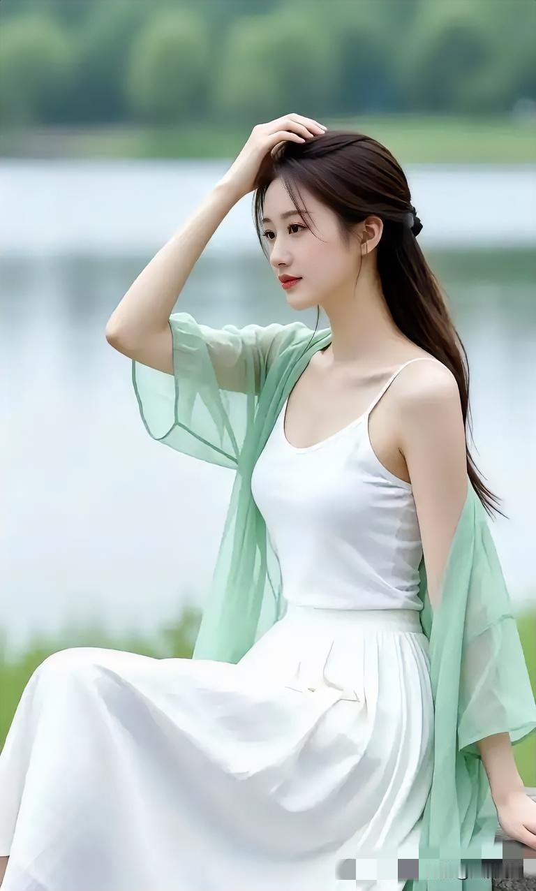 一位少女静静地坐在湖边。湖边温柔少女 湖边白裙少女 湖边美人景 溪边淑女照