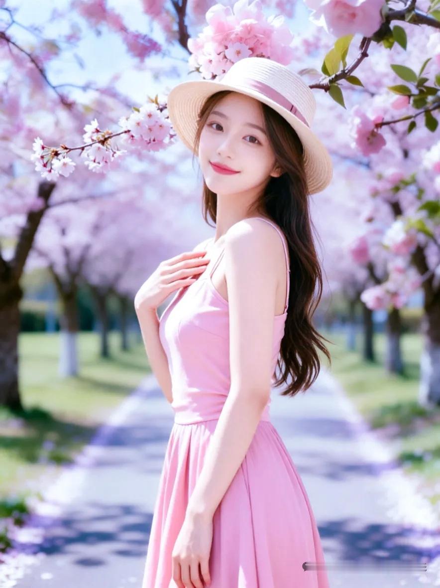 “粉裙映花影，笑语入春风”，这画面太美啦。想象一下，一位身着粉裙的姑娘漫步在花丛