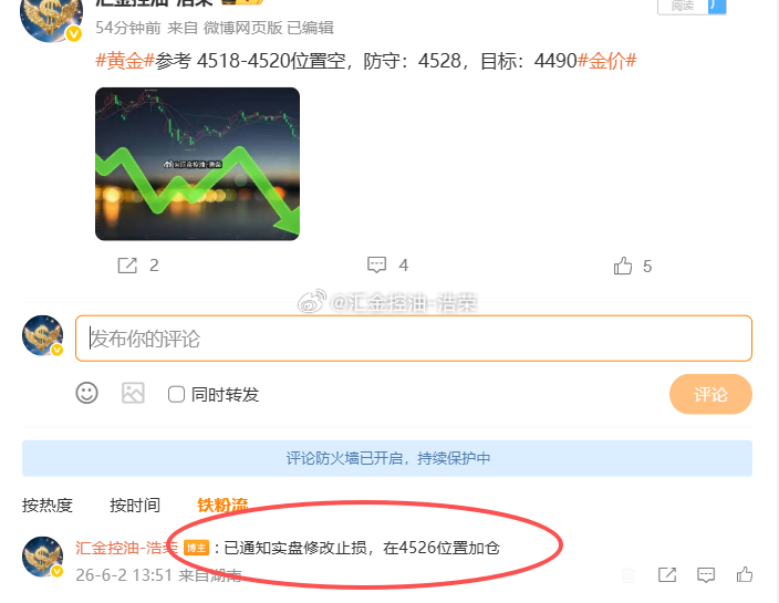 黄金4518位置空，4526位置加仓，现行情下跌至4517位置，空单双仓已浮盈1