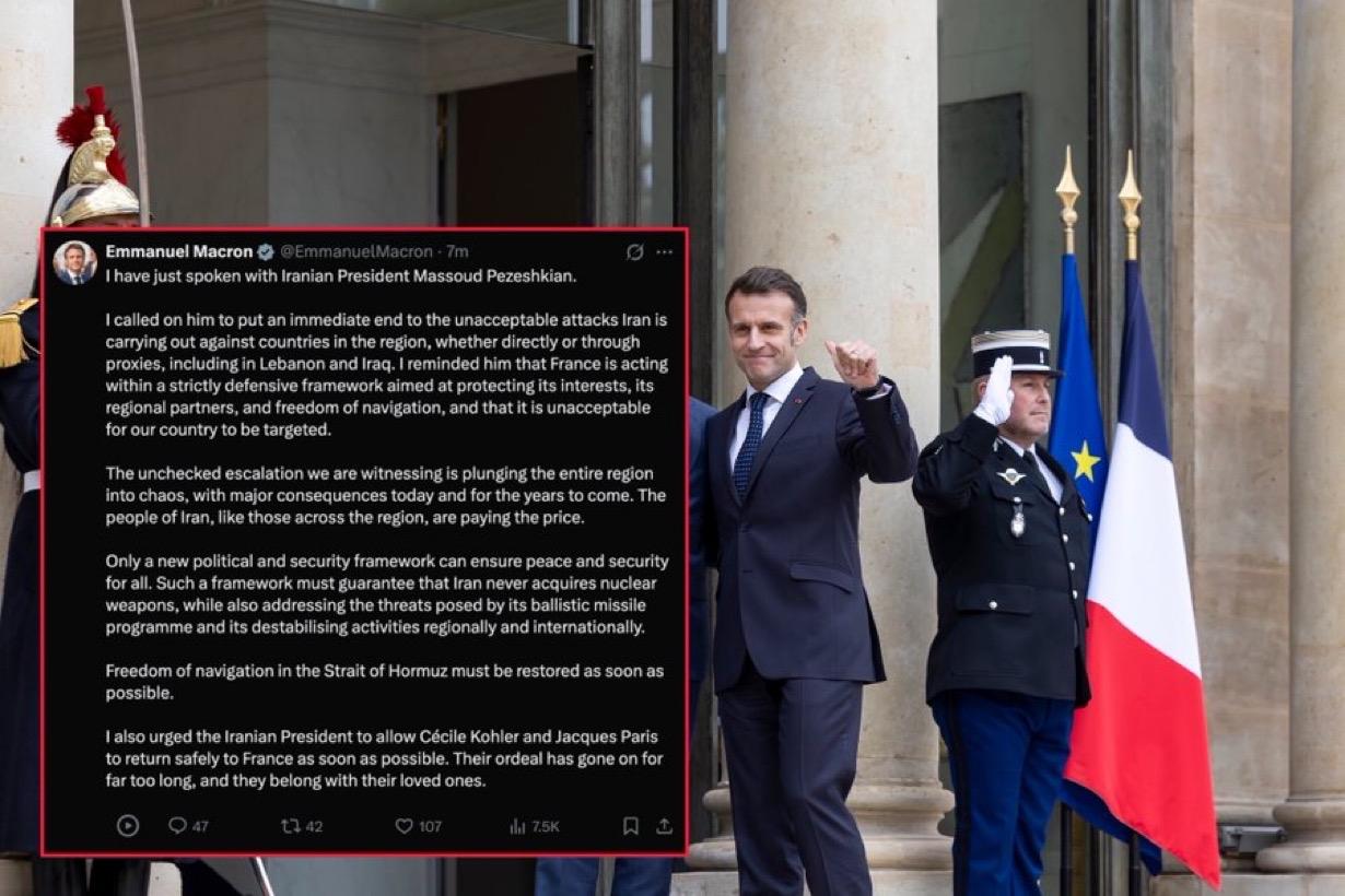 法国总统马克龙发表声明称，他今天与伊朗总统马苏德·佩泽什基安就美以冲突持续问题进