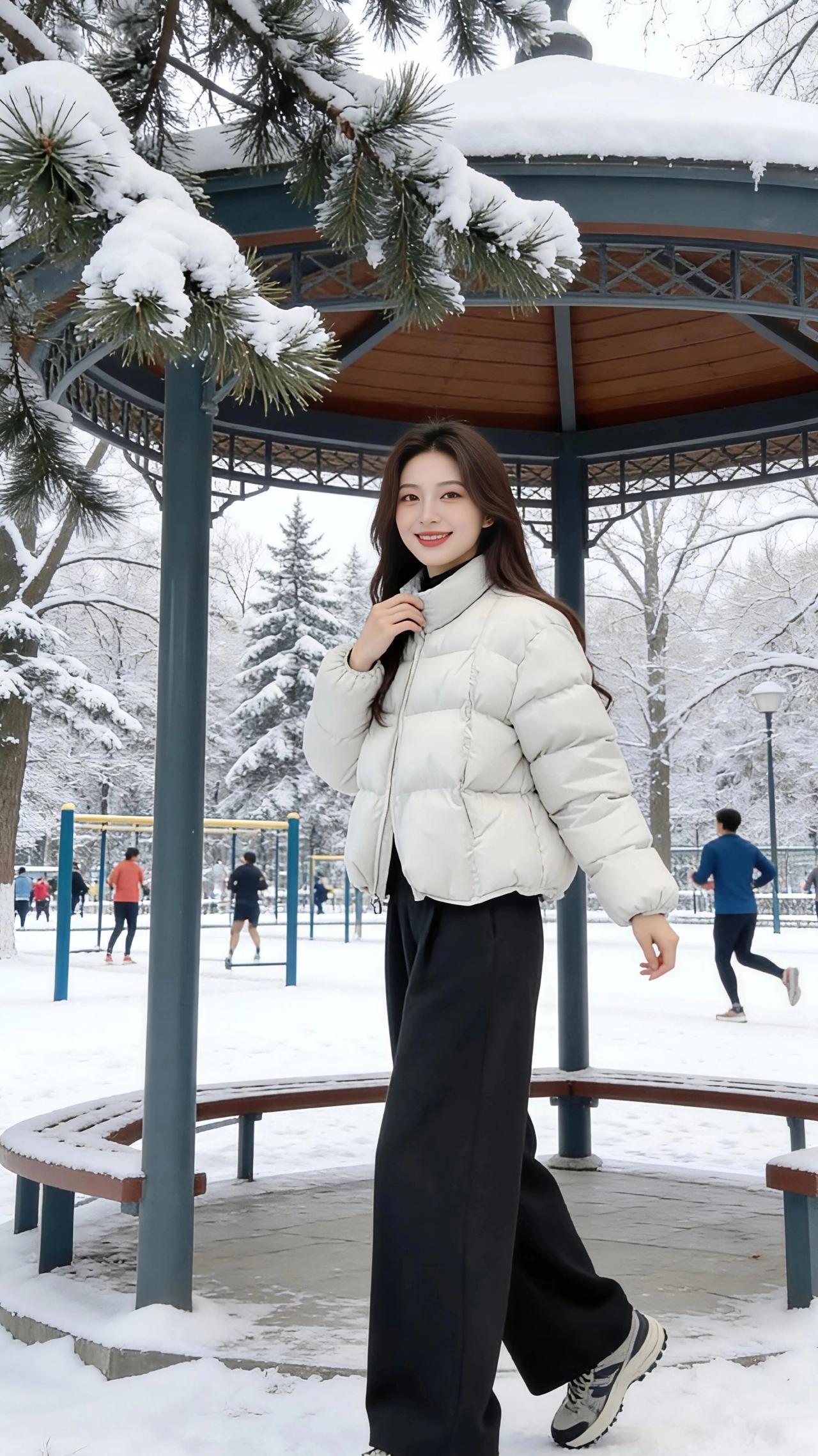 雪落满了公园的檐角，连松针都裹着蓬松的白。她立在亭下，米白的羽绒服像团温软的云，