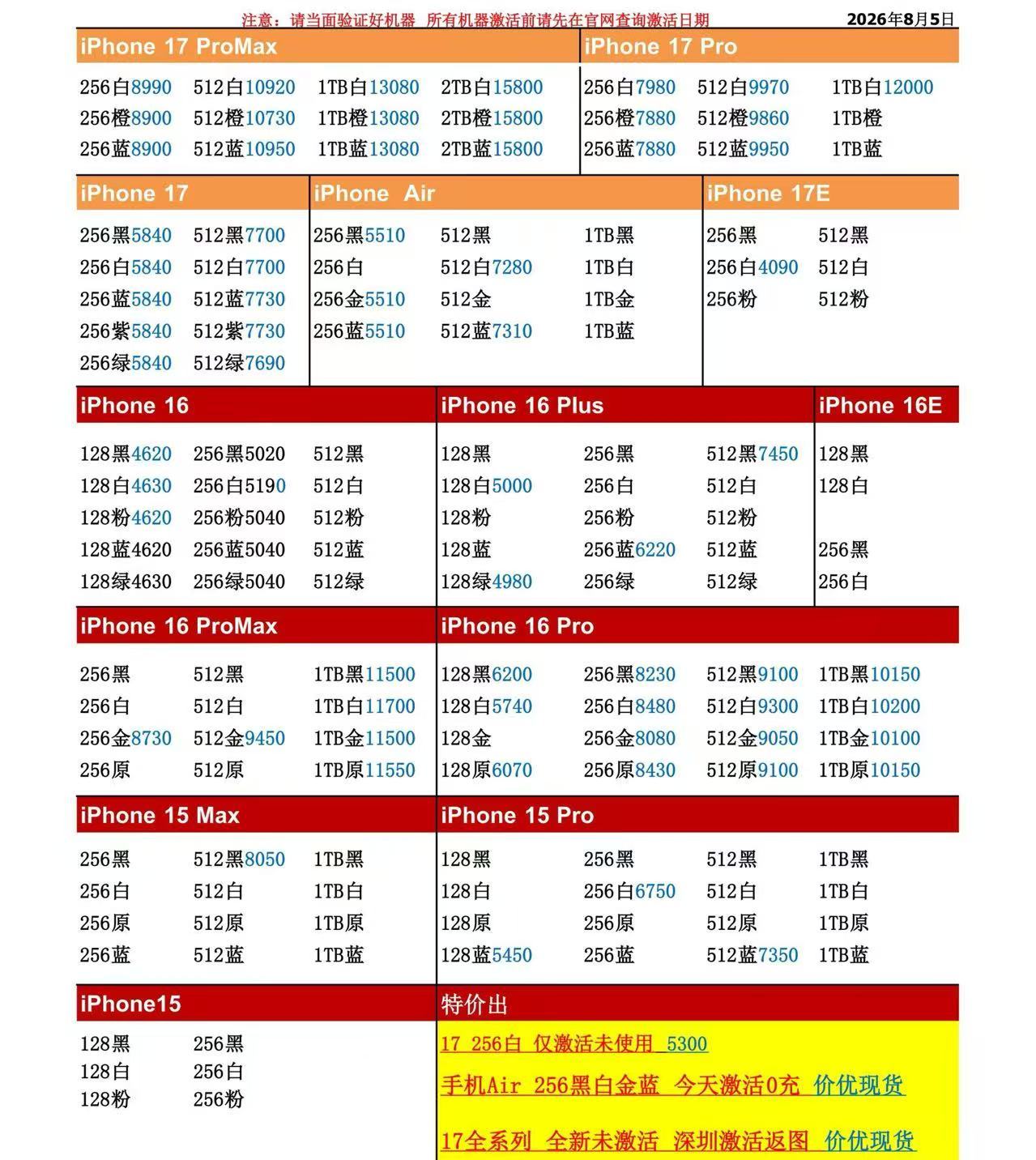 26年8月5日国行苹果手机系列价格更新，今天的17系列部分型号略跌，只是少数型号