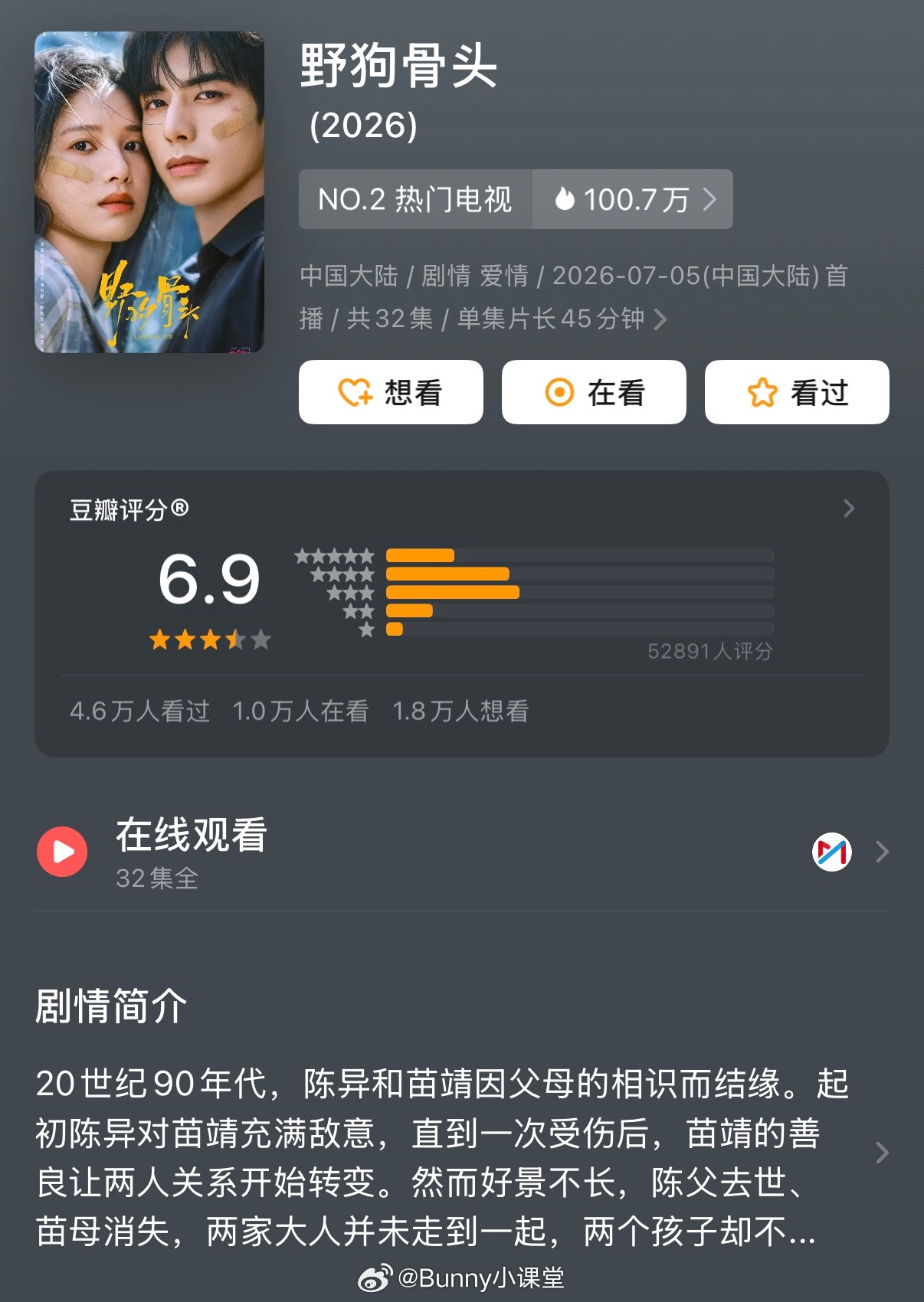 暑期档热播剧豆瓣评分汇总，最高分《野狗骨头》6.9，最低分《这一秒过火》5.1，