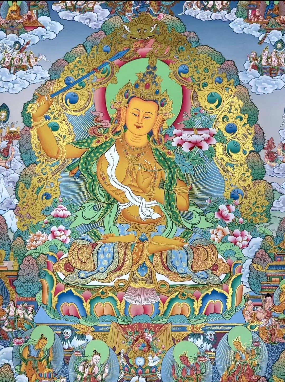 文殊菩萨，大悲尊以极遍智光明，尽除我心愚痴诸黑暗，契经及论教典悉证得，愿赐智慧辩