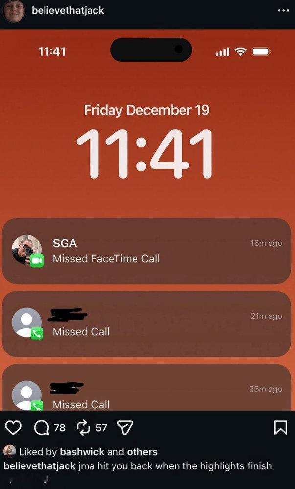爱德华兹ins小号更新，图片上显示了一通来自SGA的视频通话请求！爱德华兹：“等