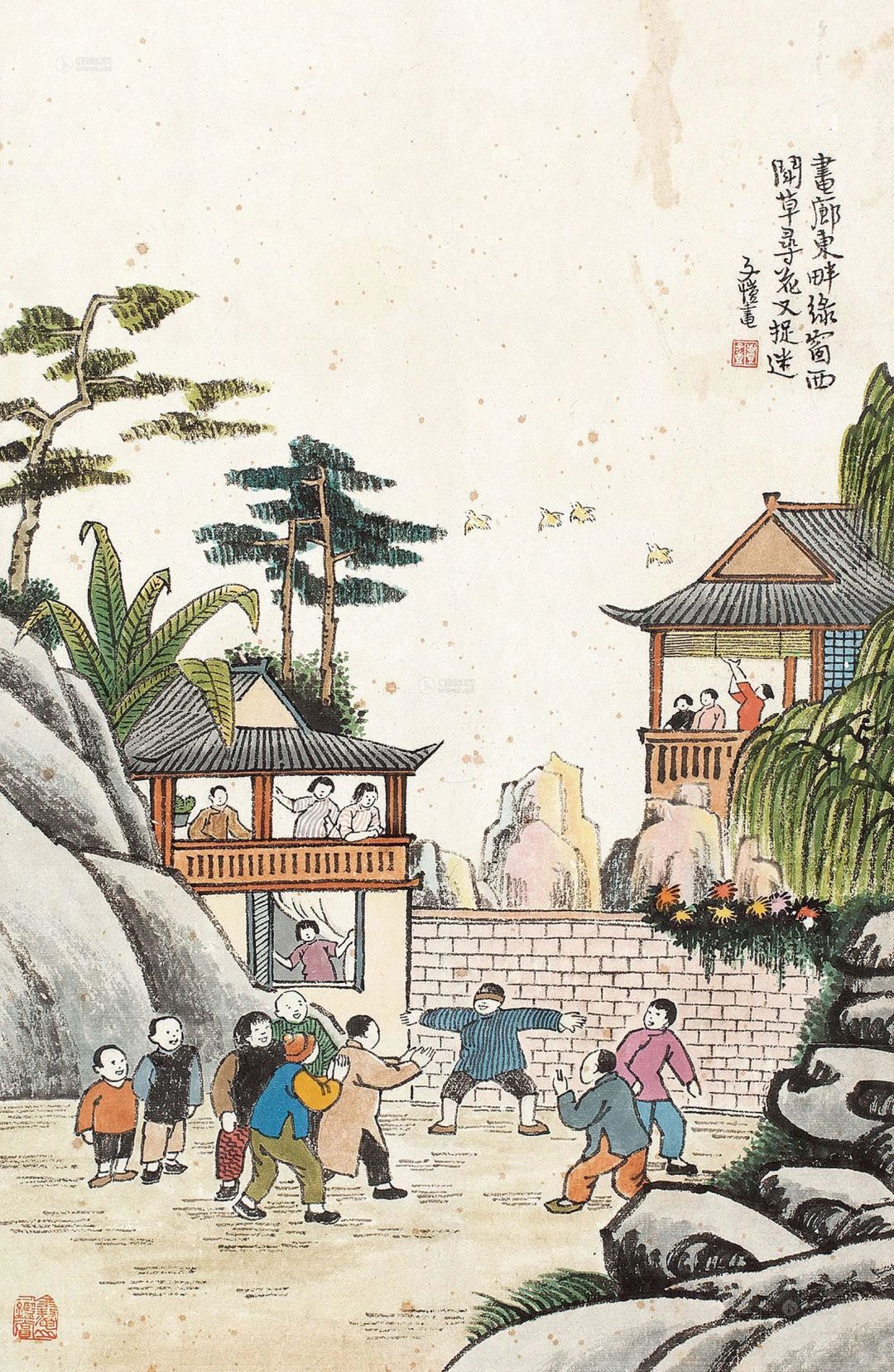 捉迷藏：书廊东畔绿窗西，闻草寻花又捉迷